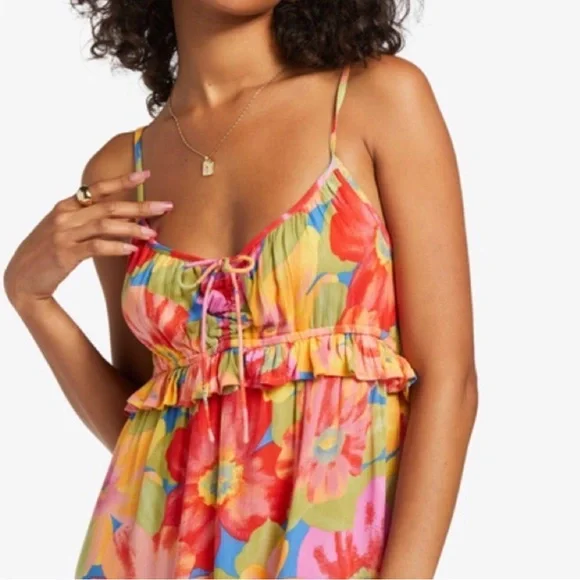Billabong Rebel Heart Multicolor Floral Print Ruffle Dress. Medium - Picture 2 of 10